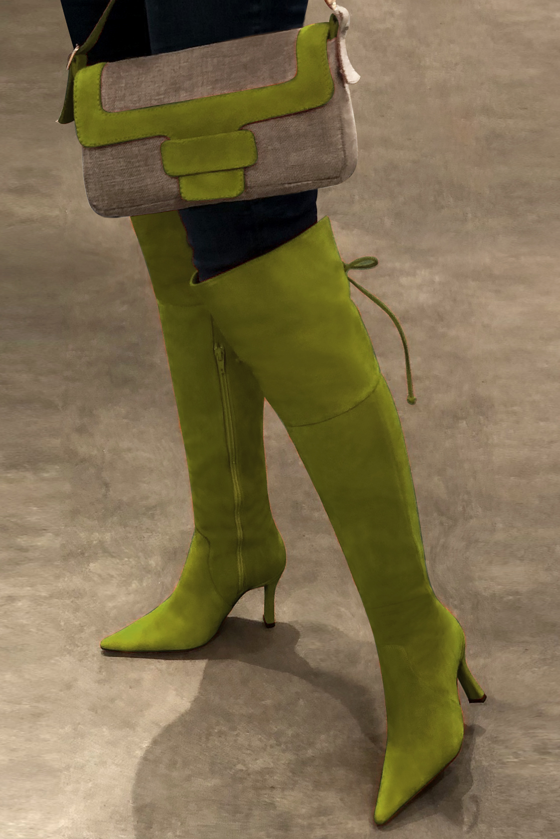 Pistachio green women's leather thigh-high boots. Pointed toe. Very high spool heels. Made to measure. Worn view - Florence KOOIJMAN